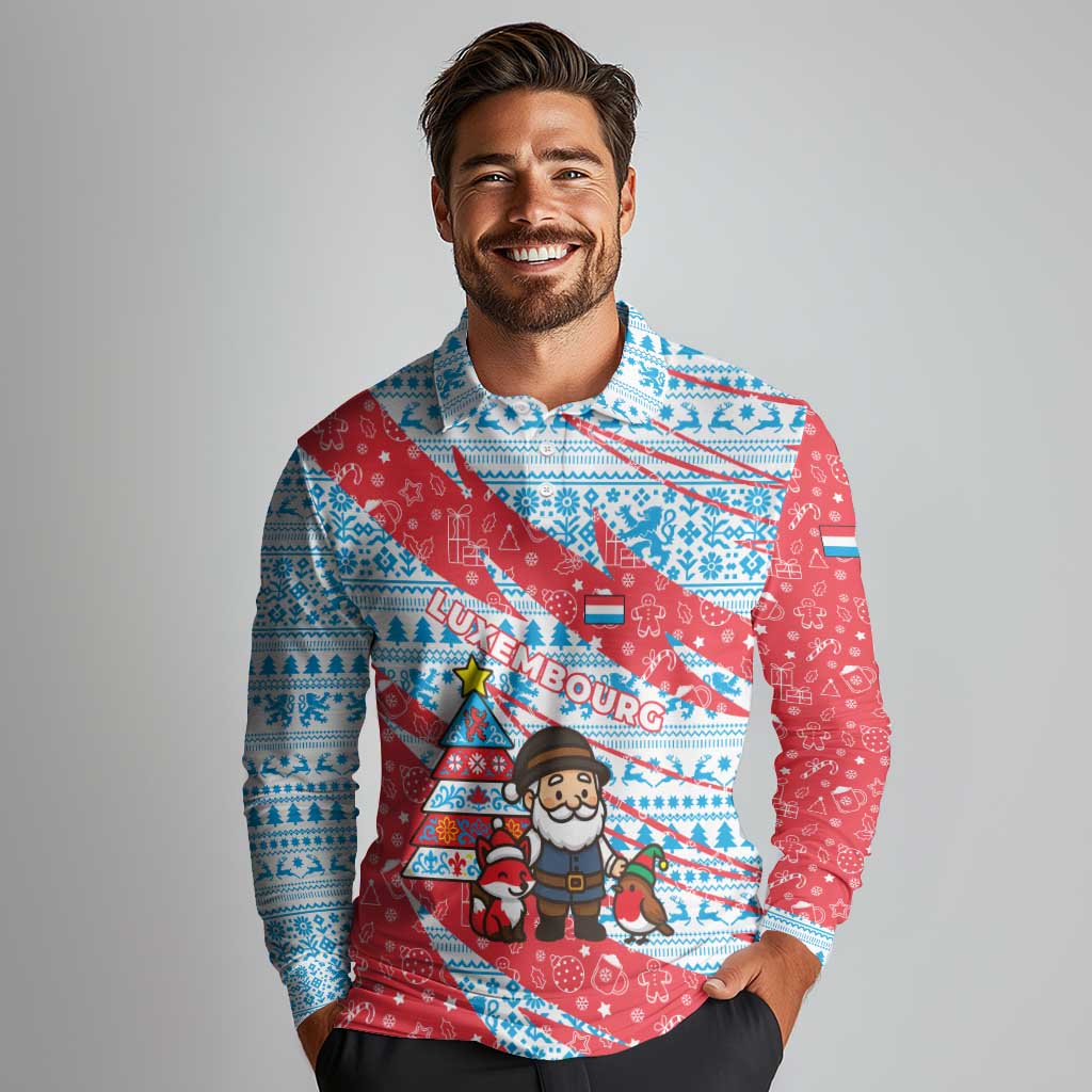 Luxembourg Christmas Long Sleeve Polo Shirt with Santa Claus Fox Reindeer Tree and Red Blue Pattern Design - Wonder Print Shop