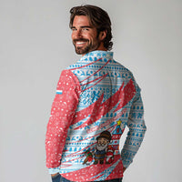 Luxembourg Christmas Long Sleeve Polo Shirt with Santa Claus Fox Reindeer Tree and Red Blue Pattern Design - Wonder Print Shop