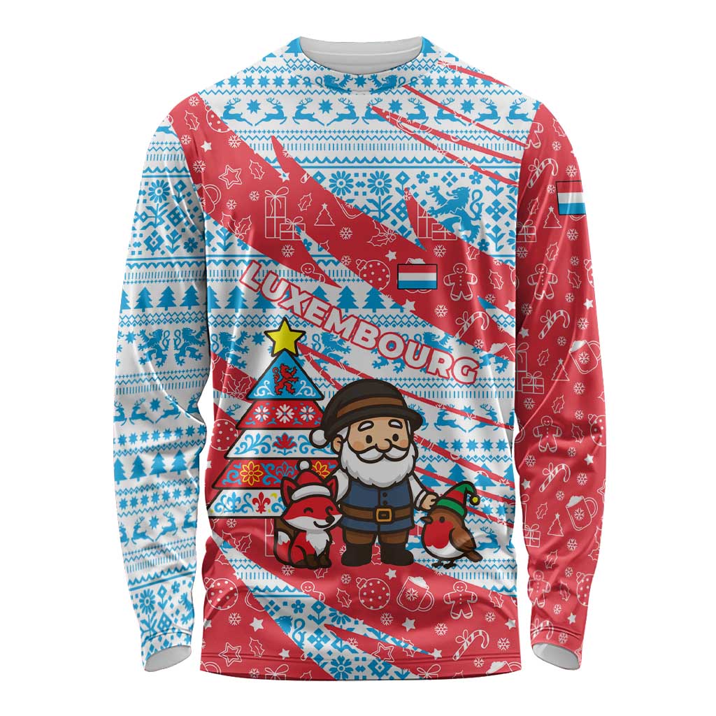 Luxembourg Christmas Long Sleeve Shirt with Santa Claus Fox Reindeer Tree and Red Blue Pattern Design - Wonder Print Shop