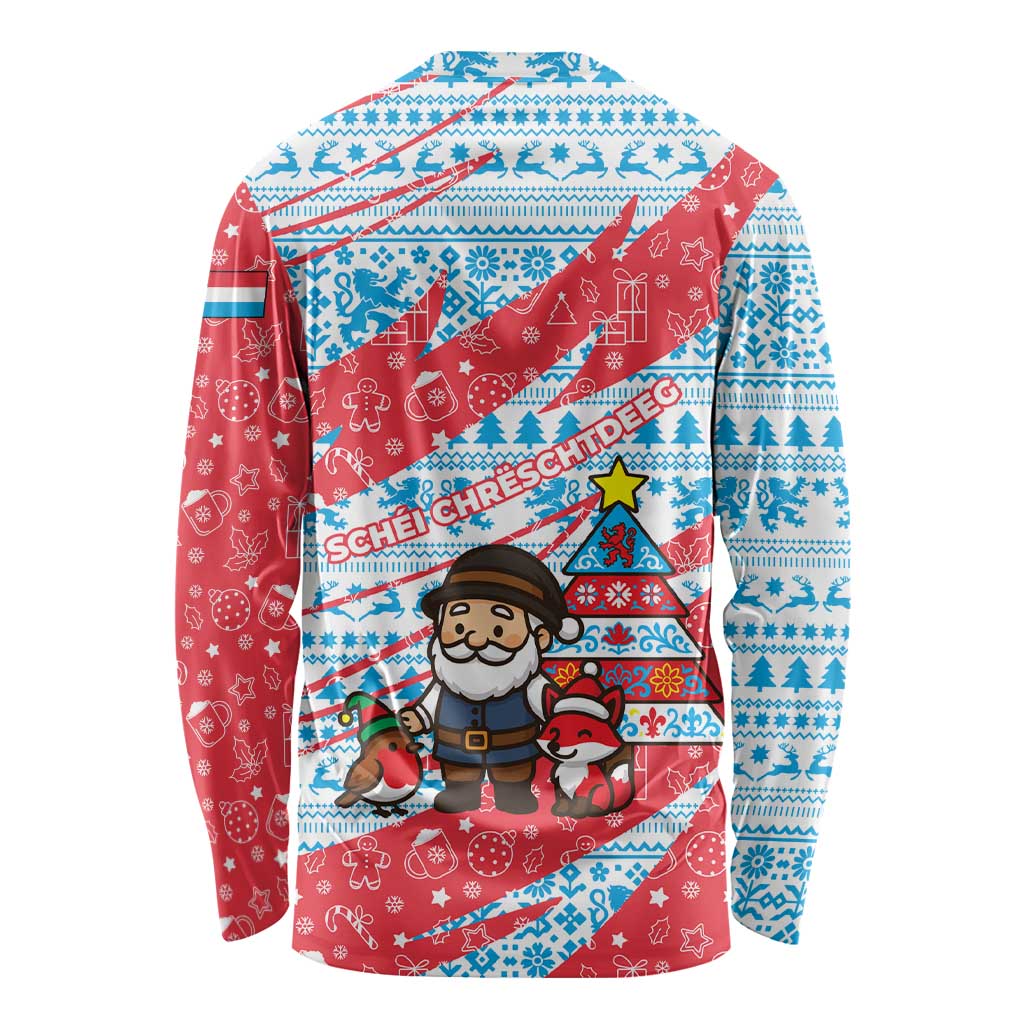 Luxembourg Christmas Long Sleeve Shirt with Santa Claus Fox Reindeer Tree and Red Blue Pattern Design - Wonder Print Shop