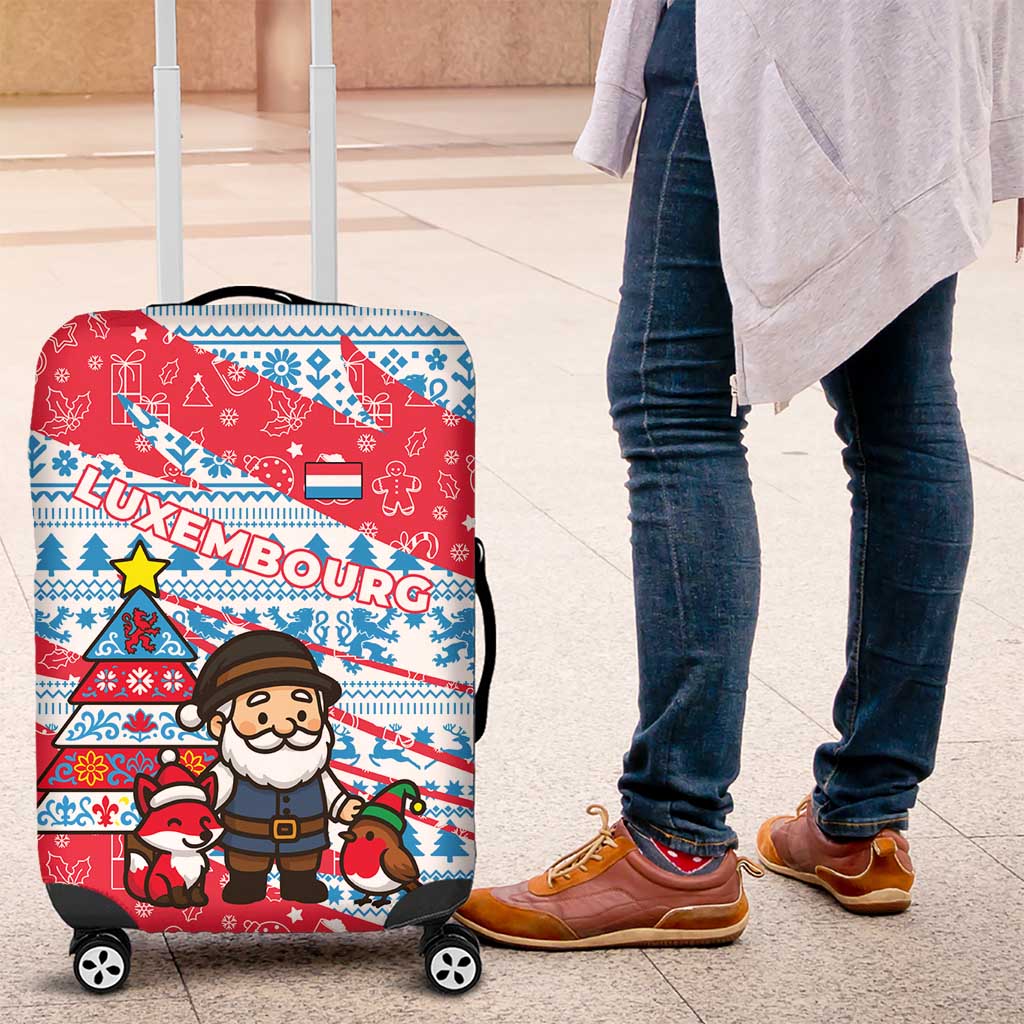 Luxembourg Christmas Luggage Cover with Santa Claus Fox Reindeer Tree and Red Blue Pattern Design - Wonder Print Shop