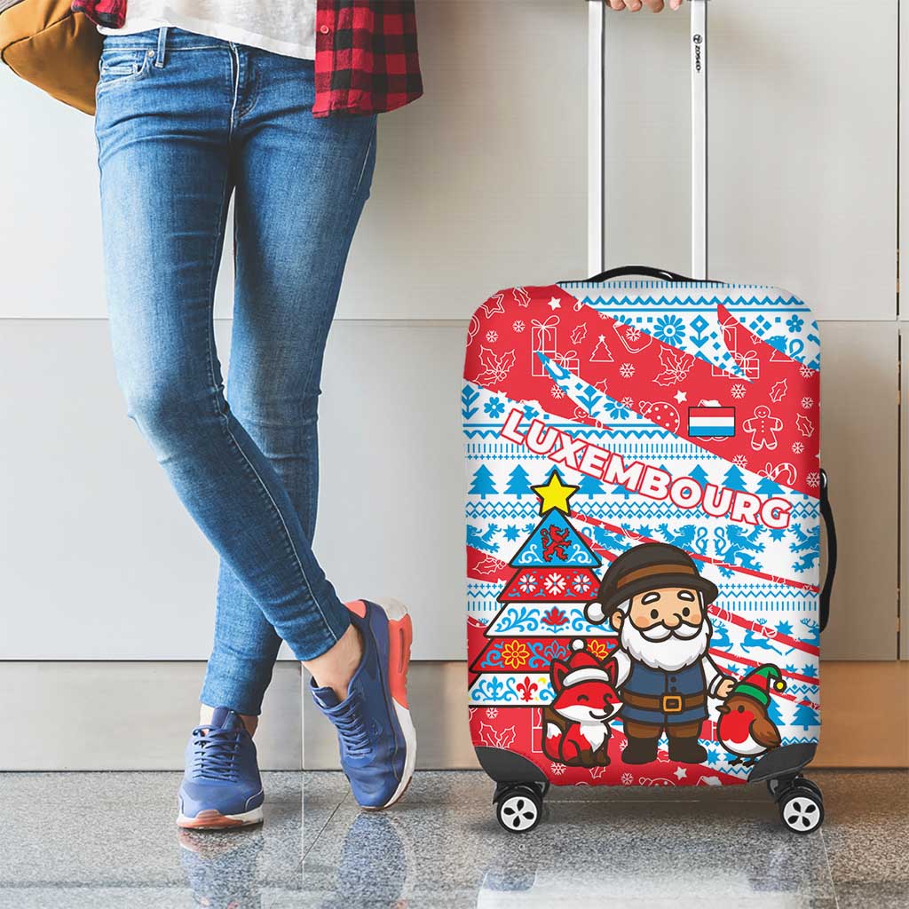 Luxembourg Christmas Luggage Cover with Santa Claus Fox Reindeer Tree and Red Blue Pattern Design - Wonder Print Shop