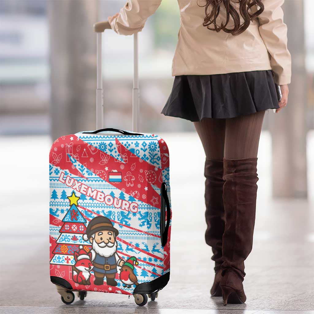 Luxembourg Christmas Luggage Cover with Santa Claus Fox Reindeer Tree and Red Blue Pattern Design - Wonder Print Shop