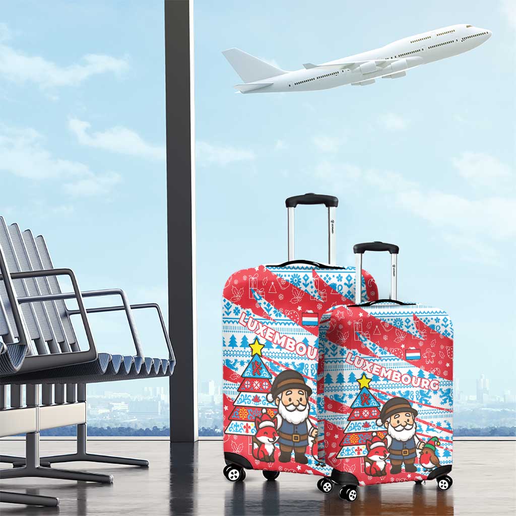 Luxembourg Christmas Luggage Cover with Santa Claus Fox Reindeer Tree and Red Blue Pattern Design - Wonder Print Shop