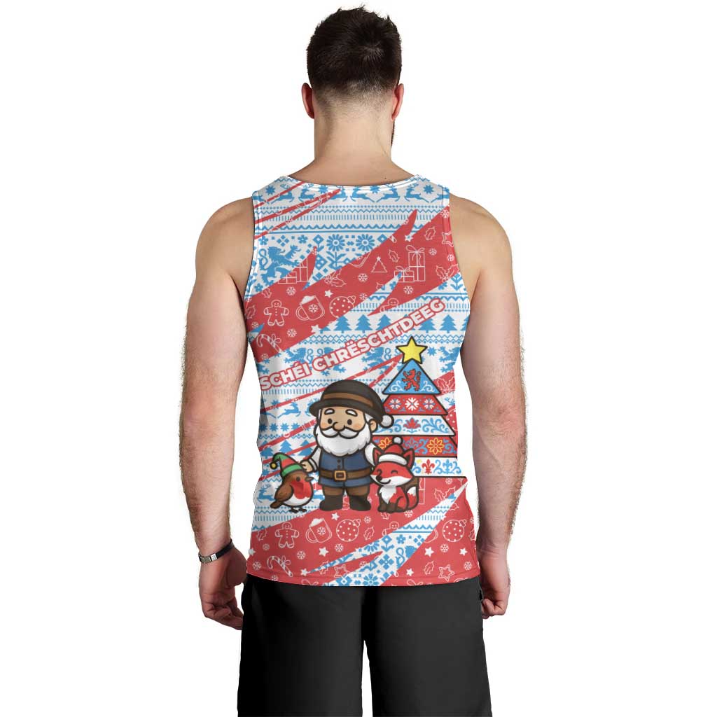 Luxembourg Christmas Men Tank Top with Santa Claus Fox Reindeer Tree and Red Blue Pattern Design - Wonder Print Shop
