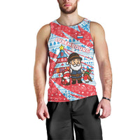 Luxembourg Christmas Men Tank Top with Santa Claus Fox Reindeer Tree and Red Blue Pattern Design - Wonder Print Shop