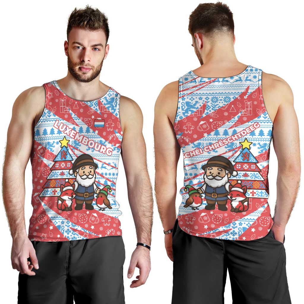 Luxembourg Christmas Men Tank Top with Santa Claus Fox Reindeer Tree and Red Blue Pattern Design - Wonder Print Shop
