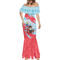 Luxembourg Christmas Mermaid Dress with Santa Claus Fox Reindeer Tree and Red Blue Pattern Design - Wonder Print Shop