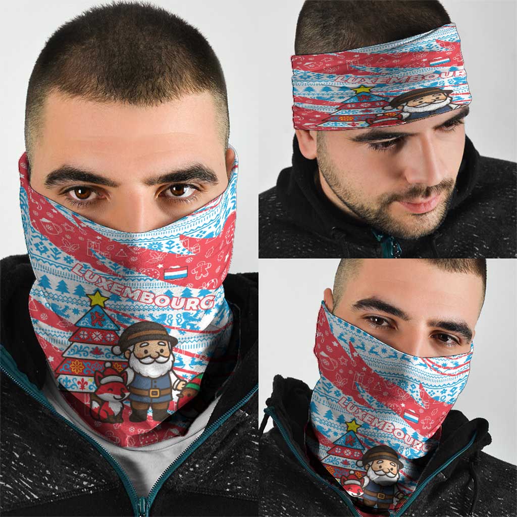 Luxembourg Christmas Neck Gaiter with Santa Claus Fox Reindeer Tree and Red Blue Pattern Design - Wonder Print Shop