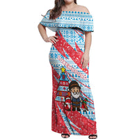 Luxembourg Christmas Off Shoulder Maxi Dress with Santa Claus Fox Reindeer Tree and Red Blue Pattern Design - Wonder Print Shop