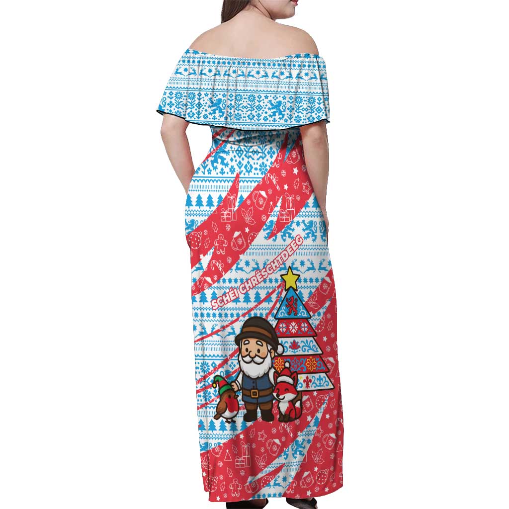 Luxembourg Christmas Off Shoulder Maxi Dress with Santa Claus Fox Reindeer Tree and Red Blue Pattern Design - Wonder Print Shop