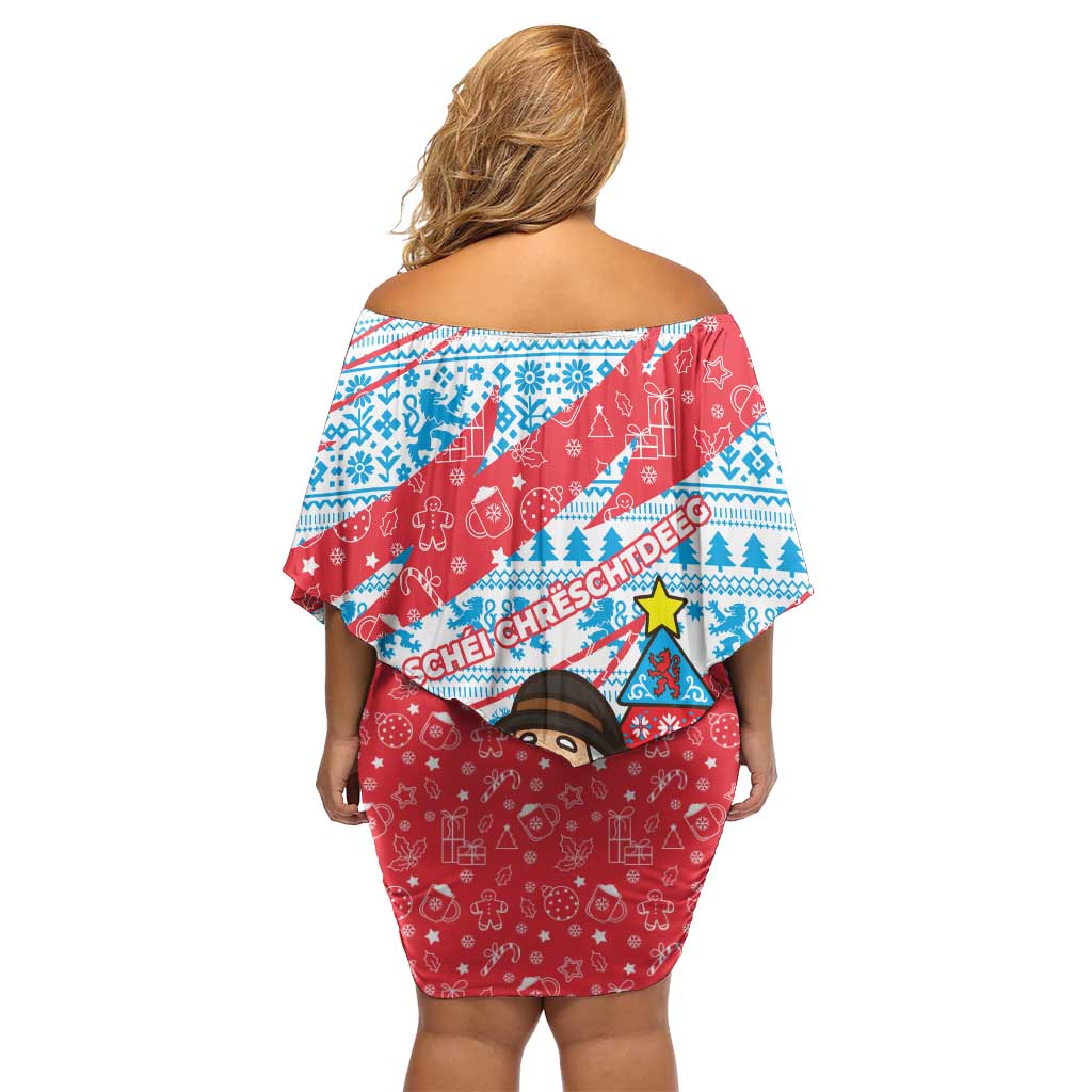 Luxembourg Christmas Off Shoulder Short Dress with Santa Claus Fox Reindeer Tree and Red Blue Pattern Design - Wonder Print Shop