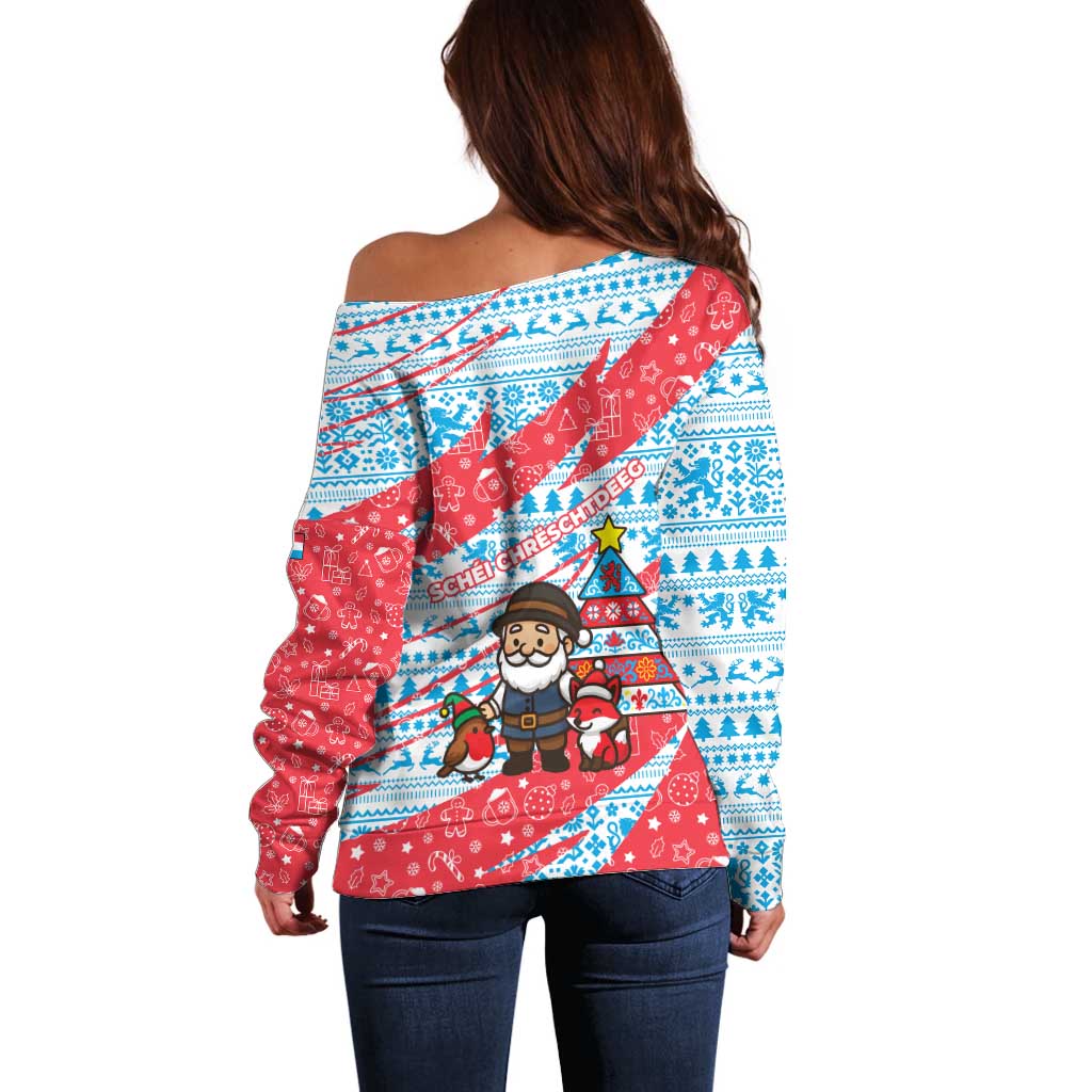 Luxembourg Christmas Off Shoulder Sweater with Santa Claus Fox Reindeer Tree and Red Blue Pattern Design - Wonder Print Shop