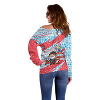 Luxembourg Christmas Off Shoulder Sweater with Santa Claus Fox Reindeer Tree and Red Blue Pattern Design - Wonder Print Shop