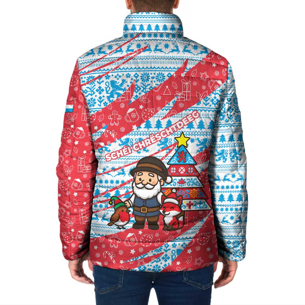 Luxembourg Christmas Padded Jacket with Santa Claus Fox Reindeer Tree and Red Blue Pattern Design - Wonder Print Shop