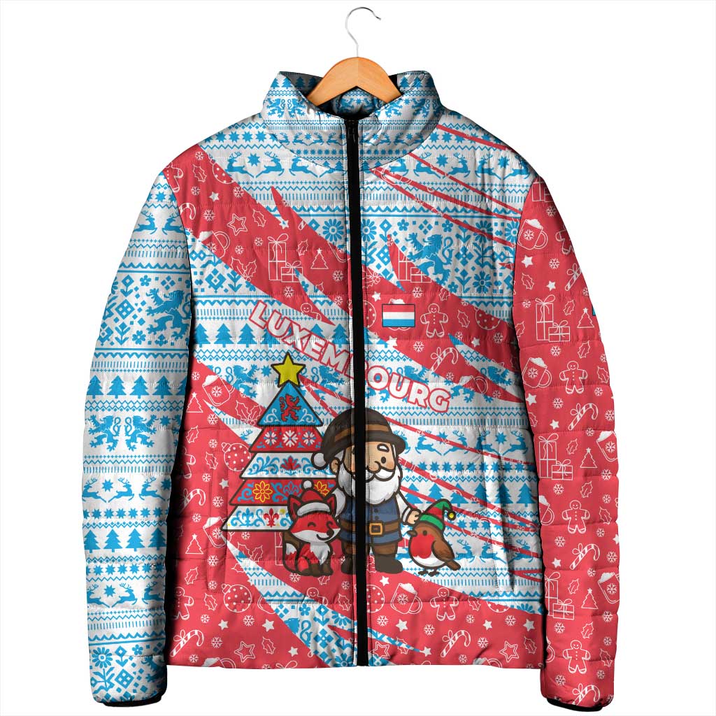 Luxembourg Christmas Padded Jacket with Santa Claus Fox Reindeer Tree and Red Blue Pattern Design - Wonder Print Shop