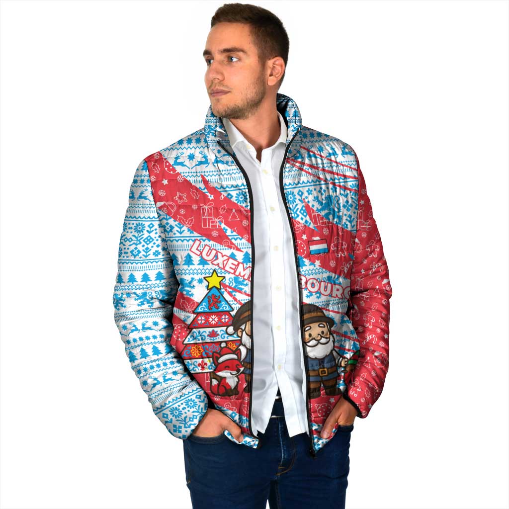 Luxembourg Christmas Padded Jacket with Santa Claus Fox Reindeer Tree and Red Blue Pattern Design - Wonder Print Shop
