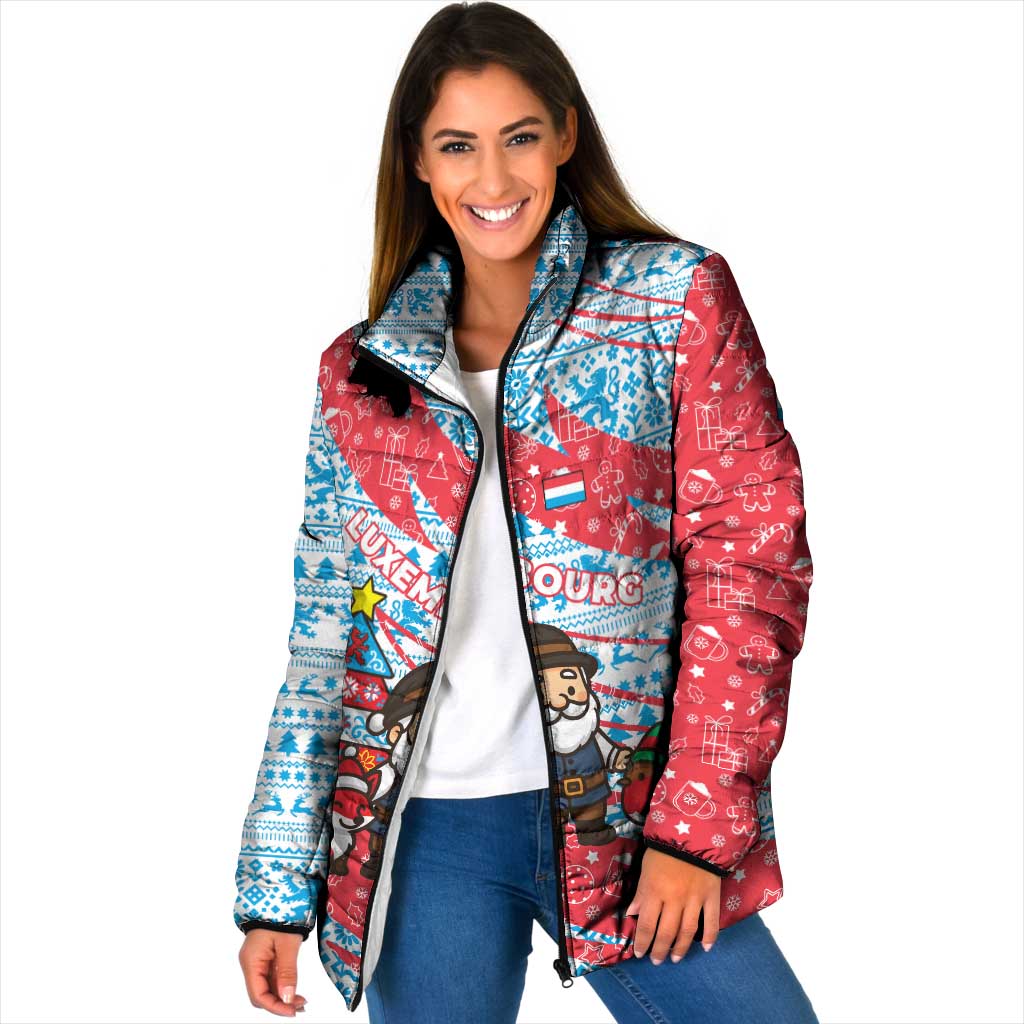 Luxembourg Christmas Padded Jacket with Santa Claus Fox Reindeer Tree and Red Blue Pattern Design - Wonder Print Shop