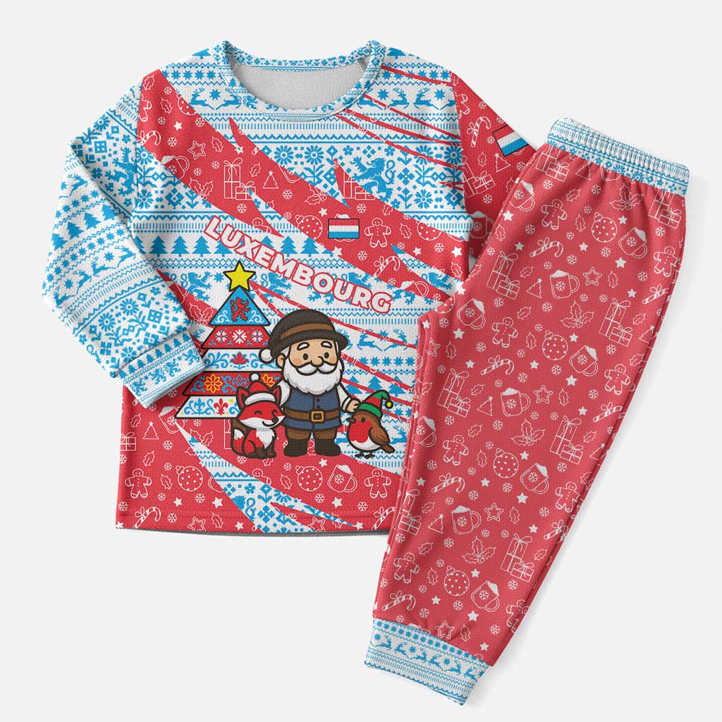 Luxembourg Christmas Pajama Set with Santa Claus Fox Reindeer Tree and Red Blue Pattern Design - Wonder Print Shop