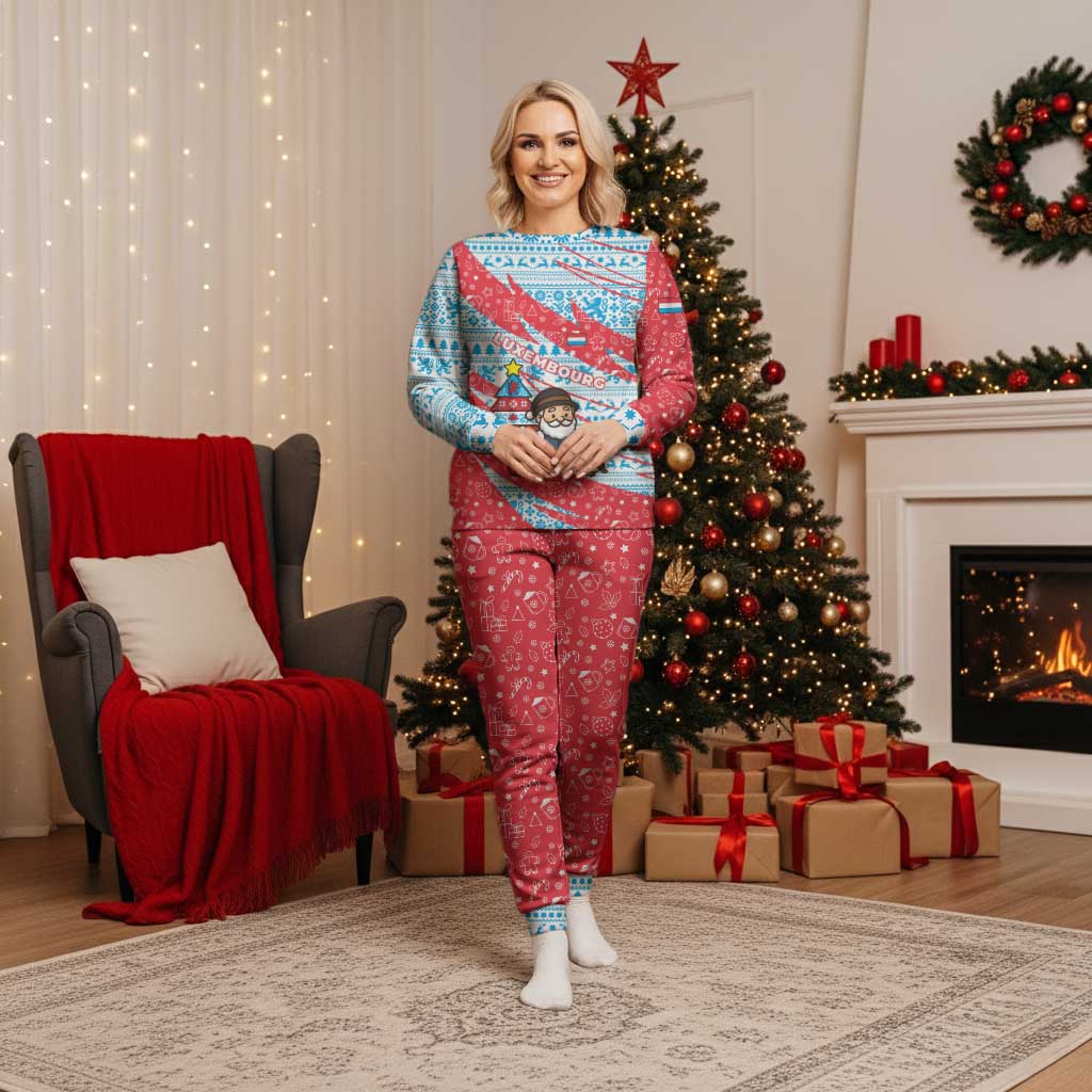 Luxembourg Christmas Pajama Set with Santa Claus Fox Reindeer Tree and Red Blue Pattern Design - Wonder Print Shop