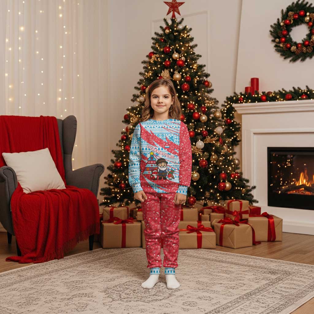Luxembourg Christmas Pajama Set with Santa Claus Fox Reindeer Tree and Red Blue Pattern Design - Wonder Print Shop