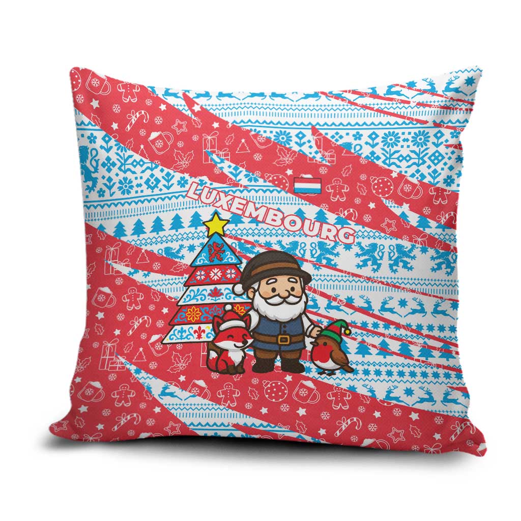 Luxembourg Christmas Pillow Cover with Santa Claus Fox Reindeer Tree and Red Blue Pattern Design - Wonder Print Shop