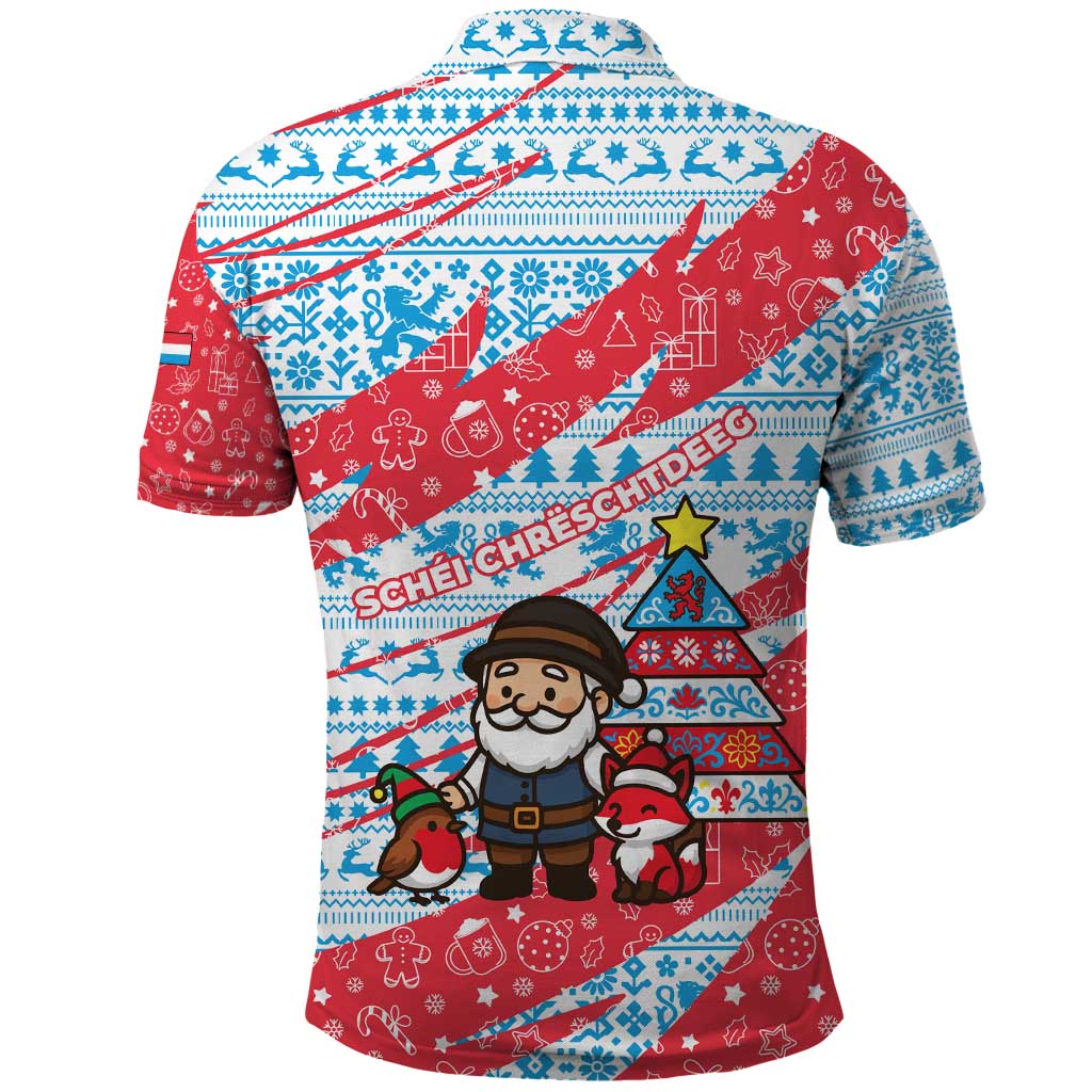 Luxembourg Christmas Polo Shirt with Santa Claus Fox Reindeer Tree and Red Blue Pattern Design - Wonder Print Shop