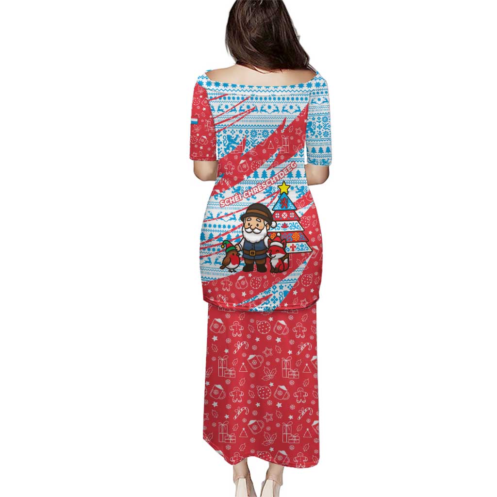 Luxembourg Christmas Puletasi with Santa Claus Fox Reindeer Tree and Red Blue Pattern Design - Wonder Print Shop