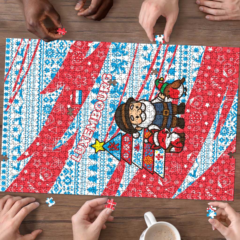 Luxembourg Christmas Puzzle with Santa Claus Fox Reindeer Tree and Red Blue Pattern Design - Wonder Print Shop