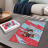 Luxembourg Christmas Puzzle with Santa Claus Fox Reindeer Tree and Red Blue Pattern Design - Wonder Print Shop