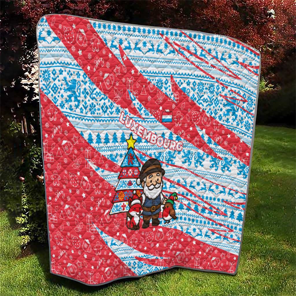 Luxembourg Christmas Quilt with Santa Claus Fox Reindeer Tree and Red Blue Pattern Design - Wonder Print Shop