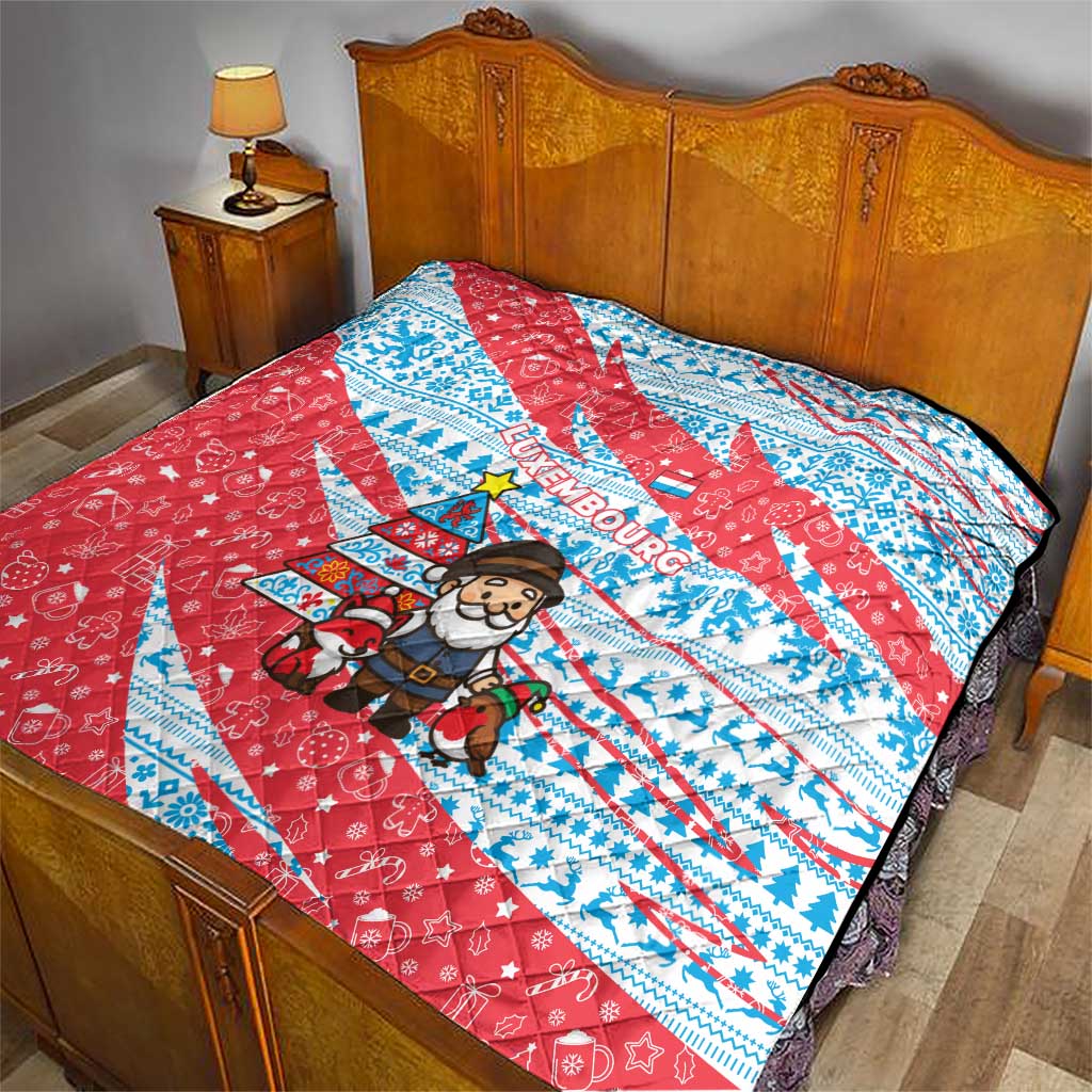 Luxembourg Christmas Quilt with Santa Claus Fox Reindeer Tree and Red Blue Pattern Design - Wonder Print Shop