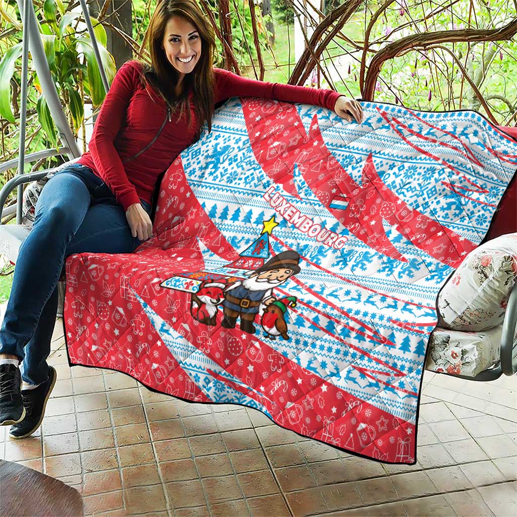 Luxembourg Christmas Quilt with Santa Claus Fox Reindeer Tree and Red Blue Pattern Design - Wonder Print Shop