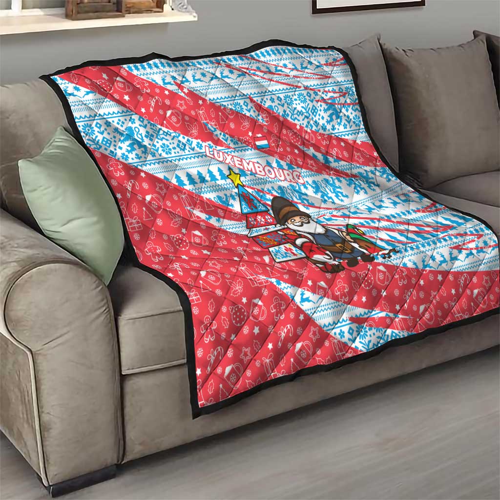 Luxembourg Christmas Quilt with Santa Claus Fox Reindeer Tree and Red Blue Pattern Design - Wonder Print Shop