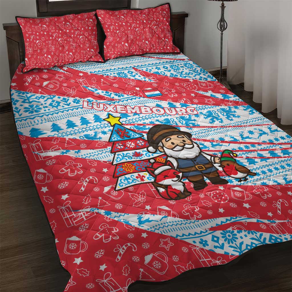 Luxembourg Christmas Quilt Bed Set with Santa Claus Fox Reindeer Tree and Red Blue Pattern Design - Wonder Print Shop
