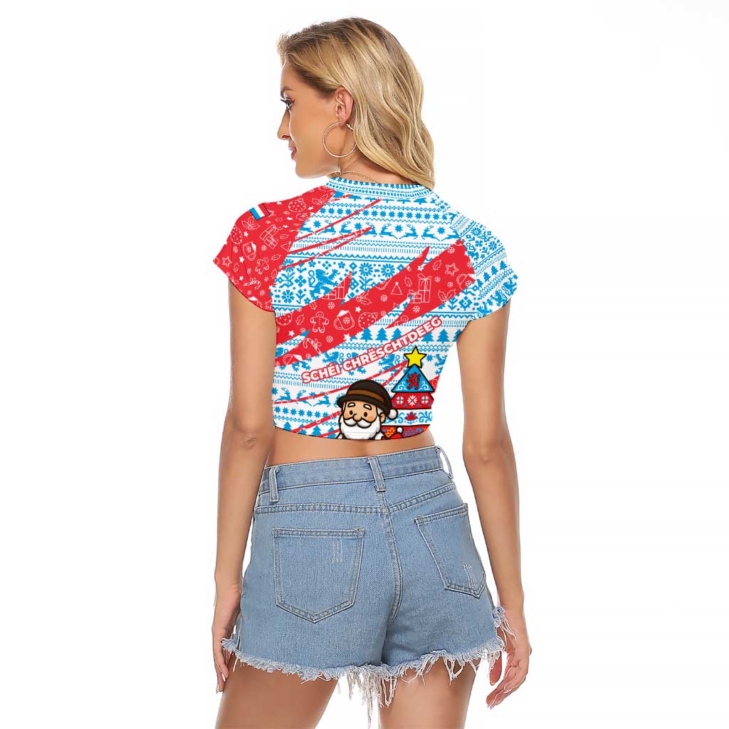 Luxembourg Christmas Raglan Cropped T Shirt with Santa Claus Fox Reindeer Tree and Red Blue Pattern Design - Wonder Print Shop