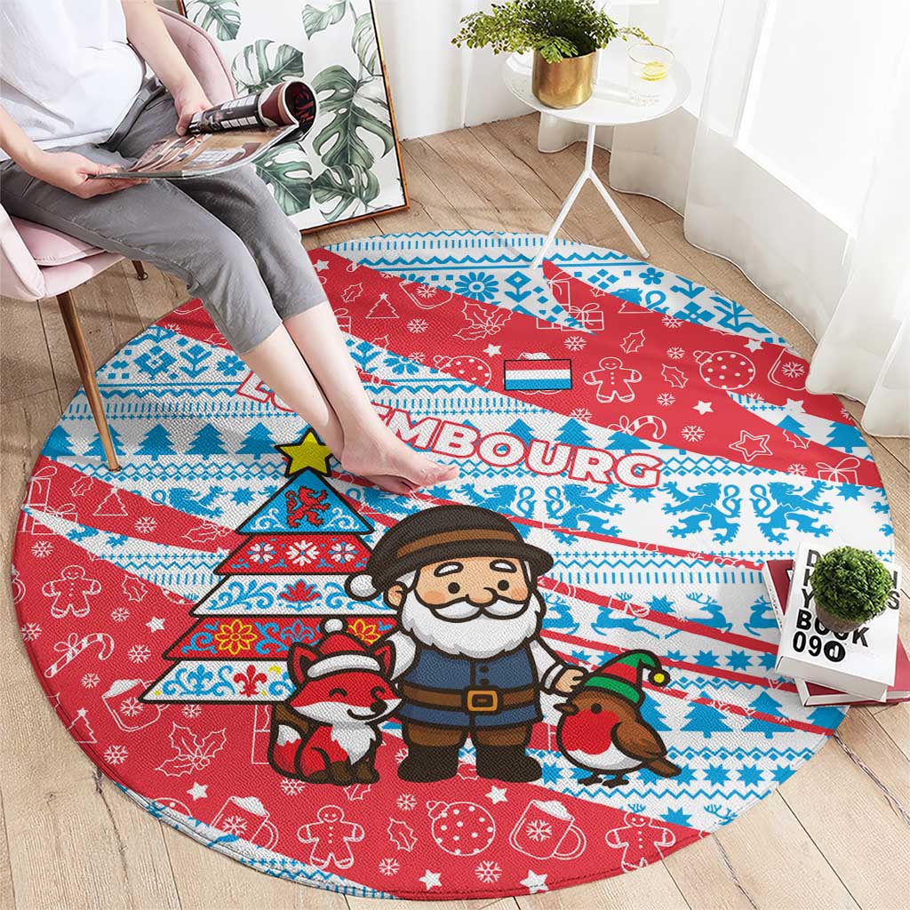 Luxembourg Christmas Round Carpet with Santa Claus Fox Reindeer Tree and Red Blue Pattern Design - Wonder Print Shop