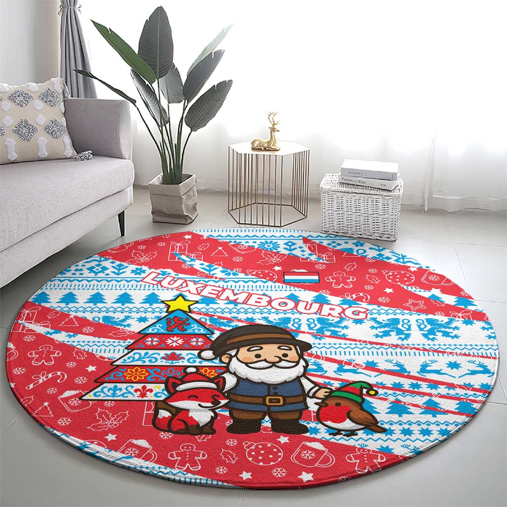 Luxembourg Christmas Round Carpet with Santa Claus Fox Reindeer Tree and Red Blue Pattern Design - Wonder Print Shop