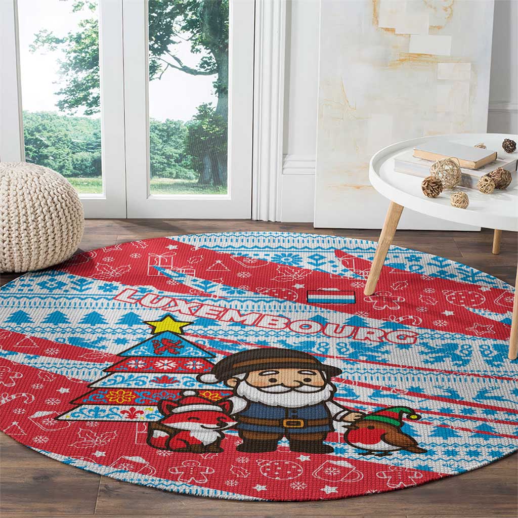 Luxembourg Christmas Round Carpet with Santa Claus Fox Reindeer Tree and Red Blue Pattern Design - Wonder Print Shop