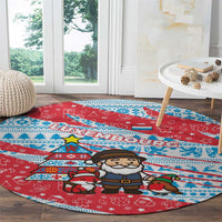 Luxembourg Christmas Round Carpet with Santa Claus Fox Reindeer Tree and Red Blue Pattern Design - Wonder Print Shop