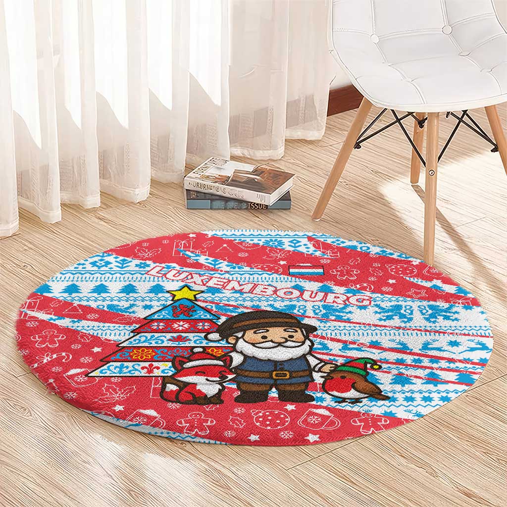 Luxembourg Christmas Round Carpet with Santa Claus Fox Reindeer Tree and Red Blue Pattern Design - Wonder Print Shop