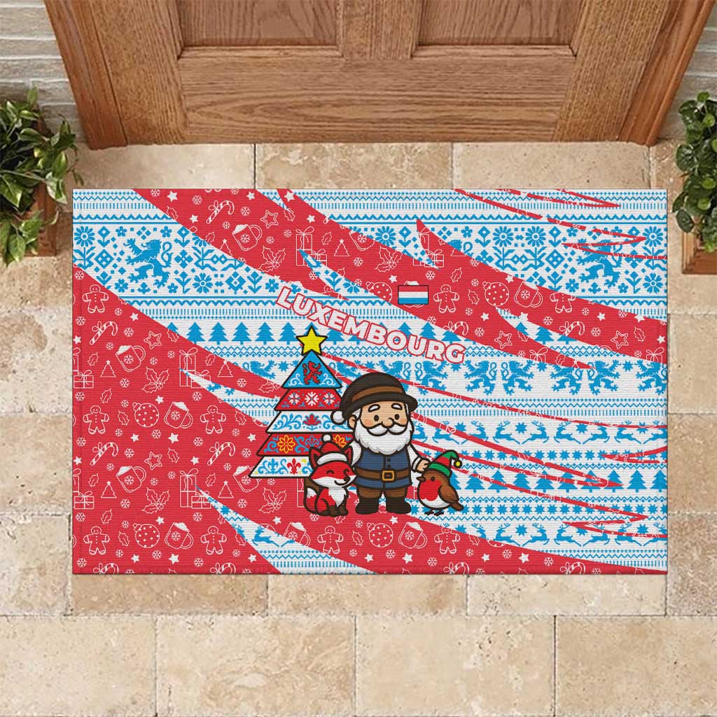 Luxembourg Christmas Rubber Doormat with Santa Claus Fox Reindeer Tree and Red Blue Pattern Design - Wonder Print Shop