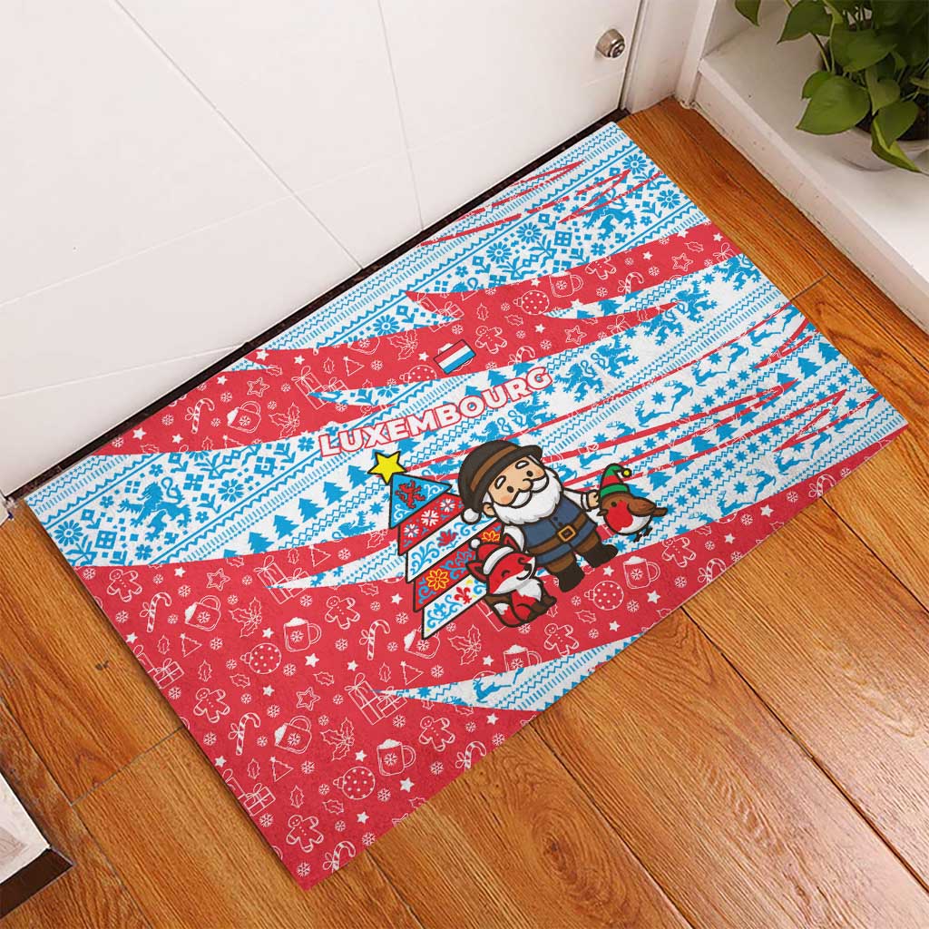 Luxembourg Christmas Rubber Doormat with Santa Claus Fox Reindeer Tree and Red Blue Pattern Design - Wonder Print Shop