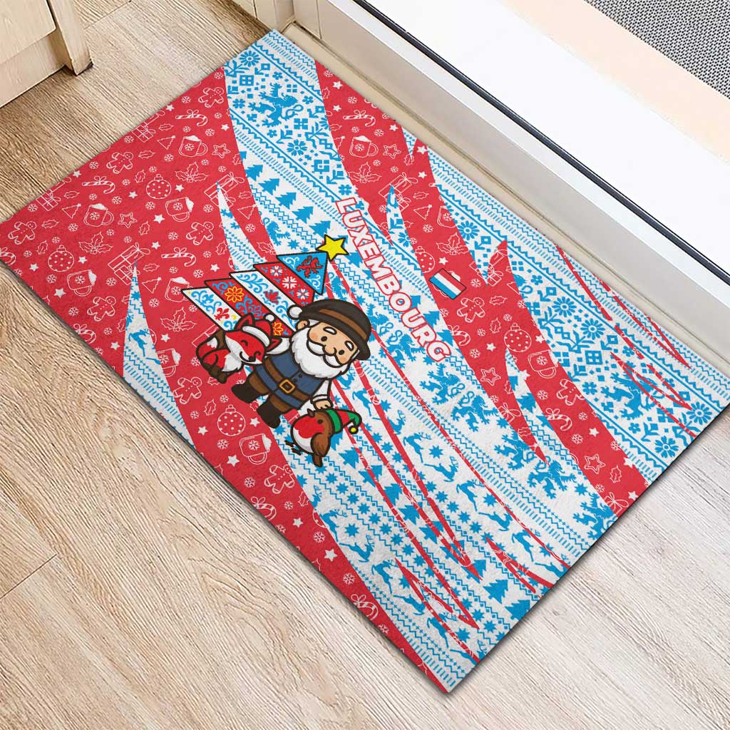Luxembourg Christmas Rubber Doormat with Santa Claus Fox Reindeer Tree and Red Blue Pattern Design - Wonder Print Shop
