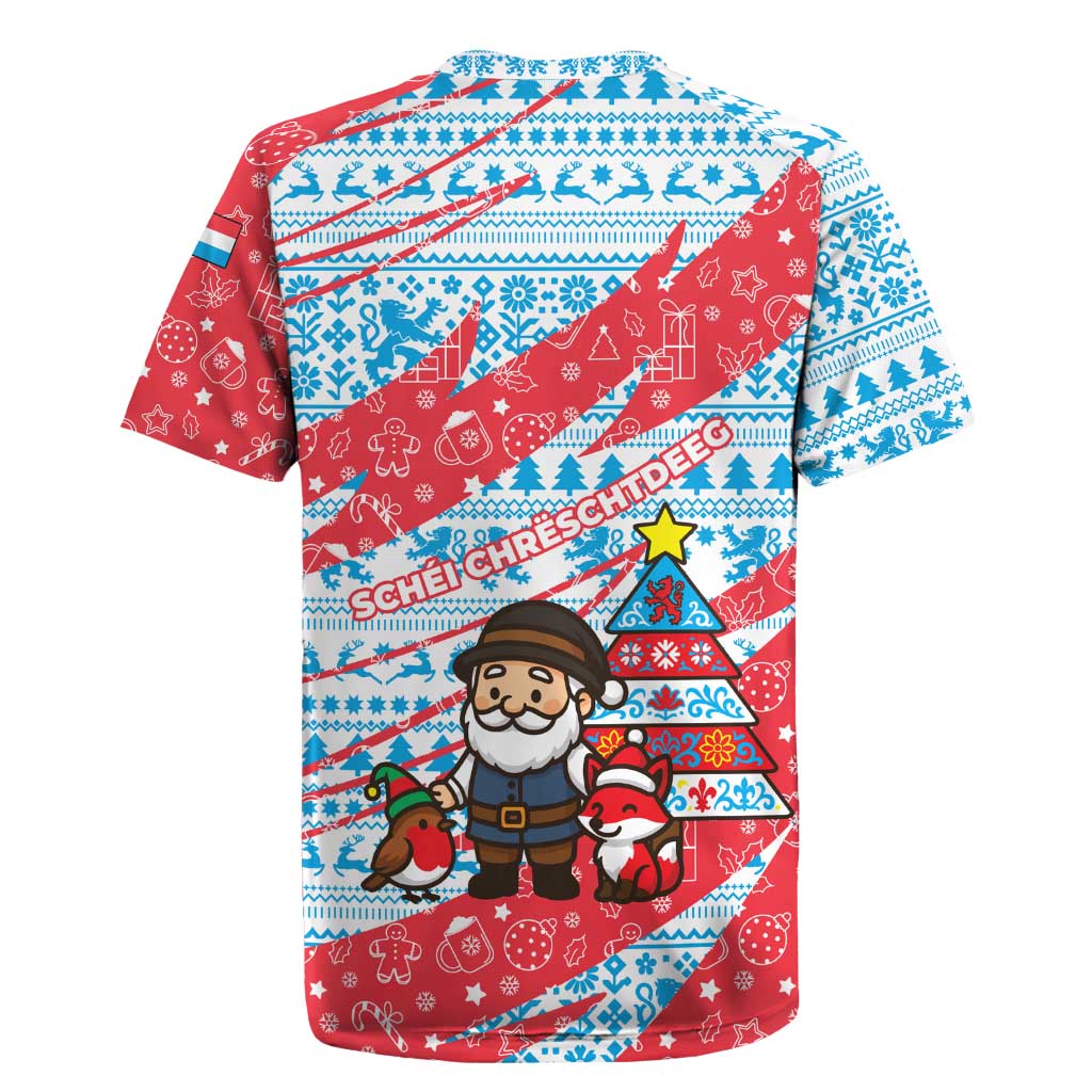 Luxembourg Christmas Rugby Jersey with Santa Claus Fox Reindeer Tree and Red Blue Pattern Design - Wonder Print Shop