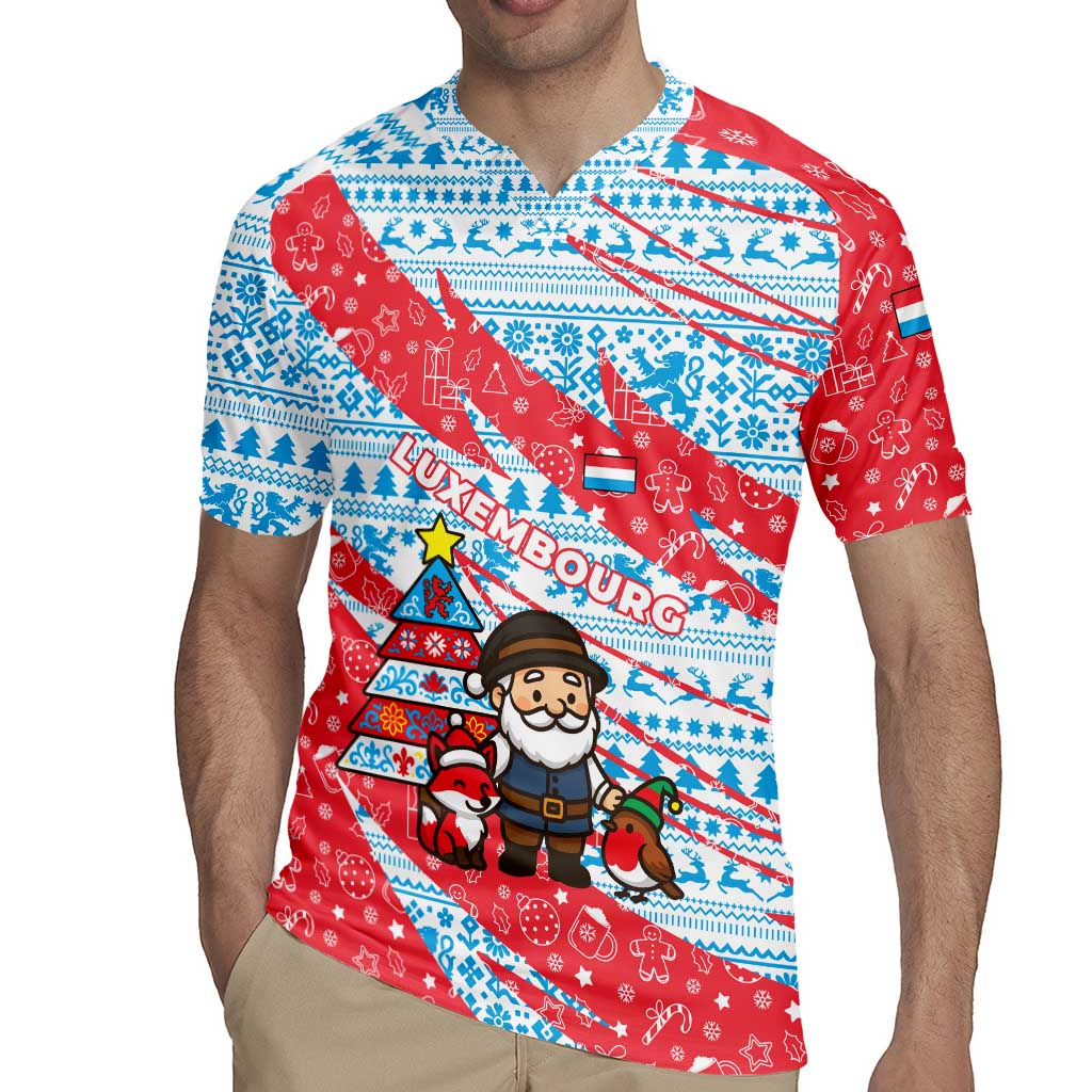 Luxembourg Christmas Rugby Jersey with Santa Claus Fox Reindeer Tree and Red Blue Pattern Design - Wonder Print Shop