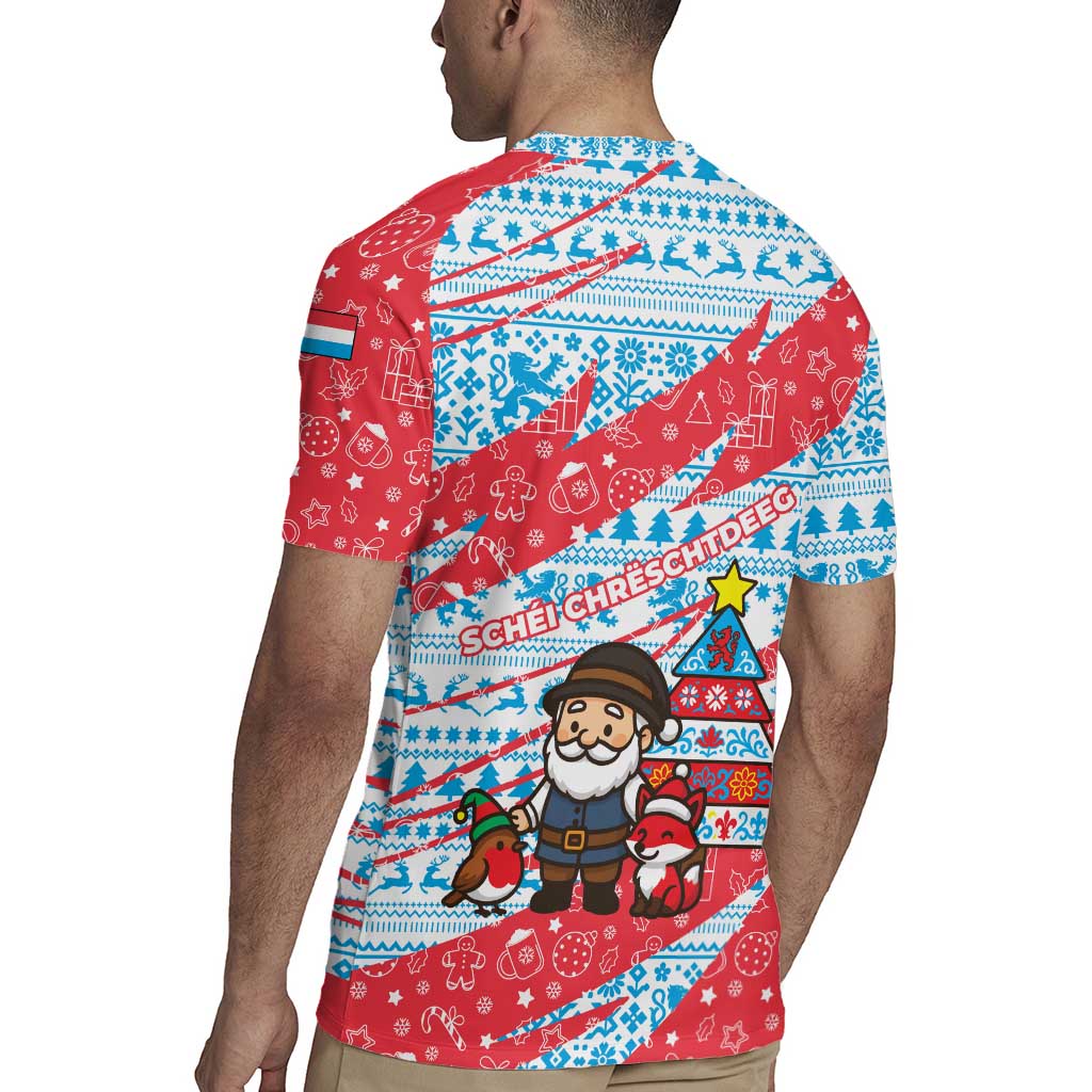 Luxembourg Christmas Rugby Jersey with Santa Claus Fox Reindeer Tree and Red Blue Pattern Design - Wonder Print Shop