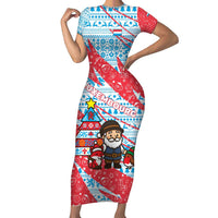 Luxembourg Christmas Short Sleeve Bodycon Dress with Santa Claus Fox Reindeer Tree and Red Blue Pattern Design - Wonder Print Shop