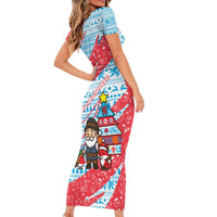 Luxembourg Christmas Short Sleeve Bodycon Dress with Santa Claus Fox Reindeer Tree and Red Blue Pattern Design - Wonder Print Shop