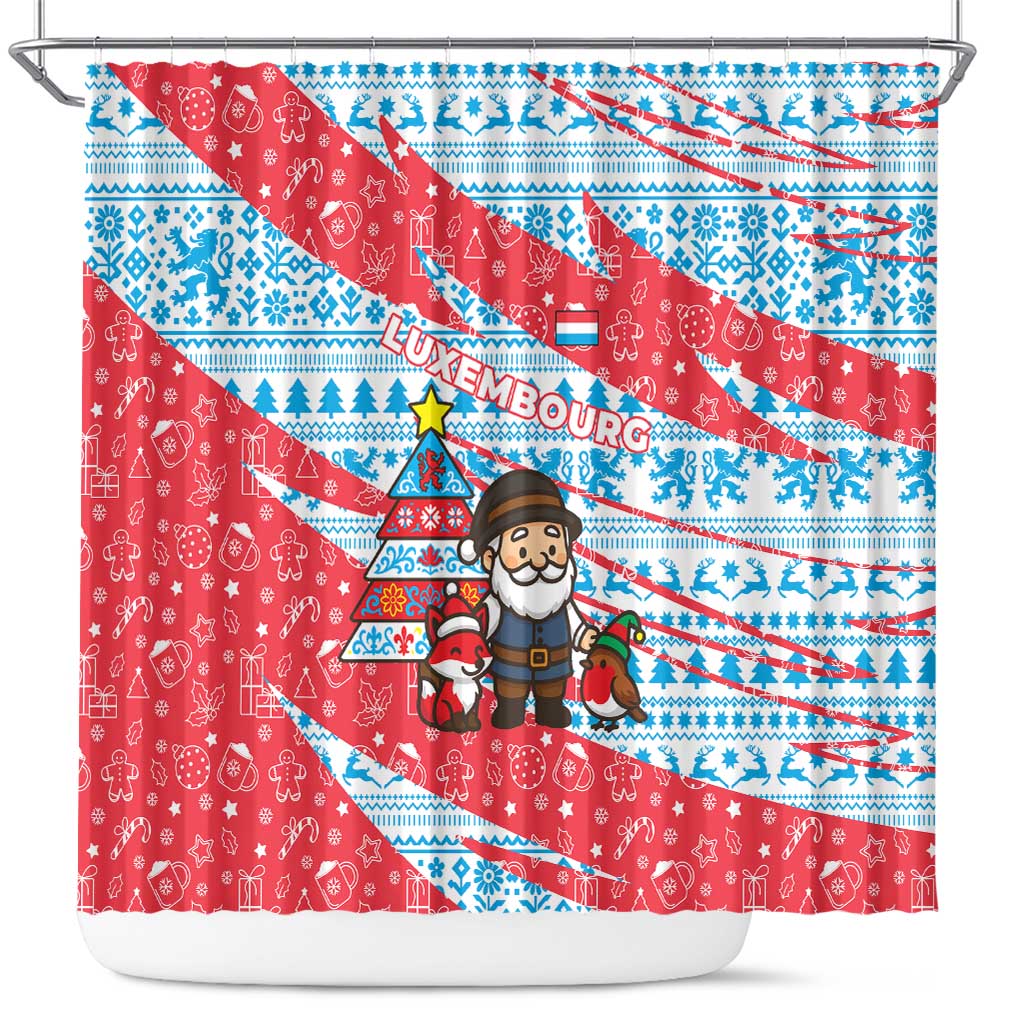 Luxembourg Christmas Shower Curtain with Santa Claus Fox Reindeer Tree and Red Blue Pattern Design - Wonder Print Shop